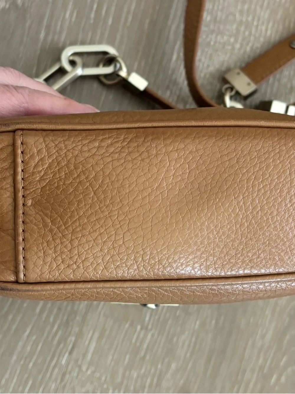 DKNY Tan Pebbled Leather Crossbody with Chain-Detail Strap - Picture 5 of 10